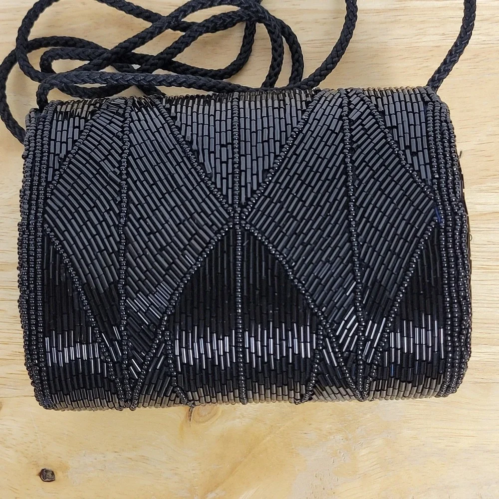 Sasha Handmade Beaded Evening Bag‎ Black Floral Crossbody Vintage Boho